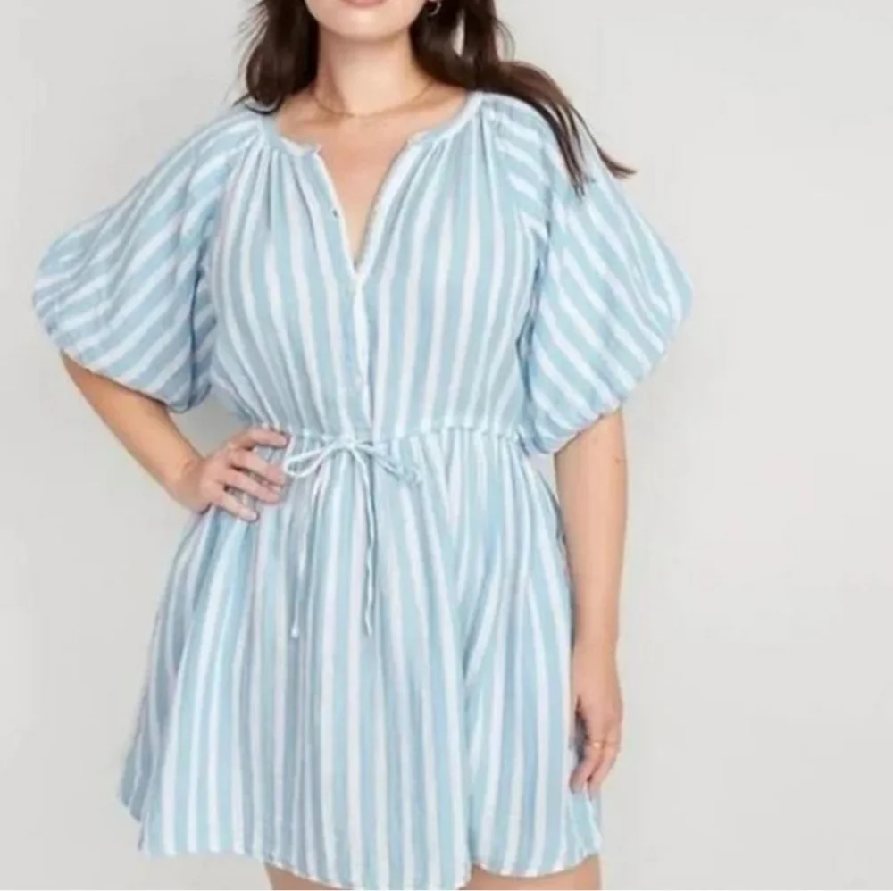 NWT Old Navy Waist Defined Puff Sleeve Light Blue Stripe Dress‎ Plus Size 3X
